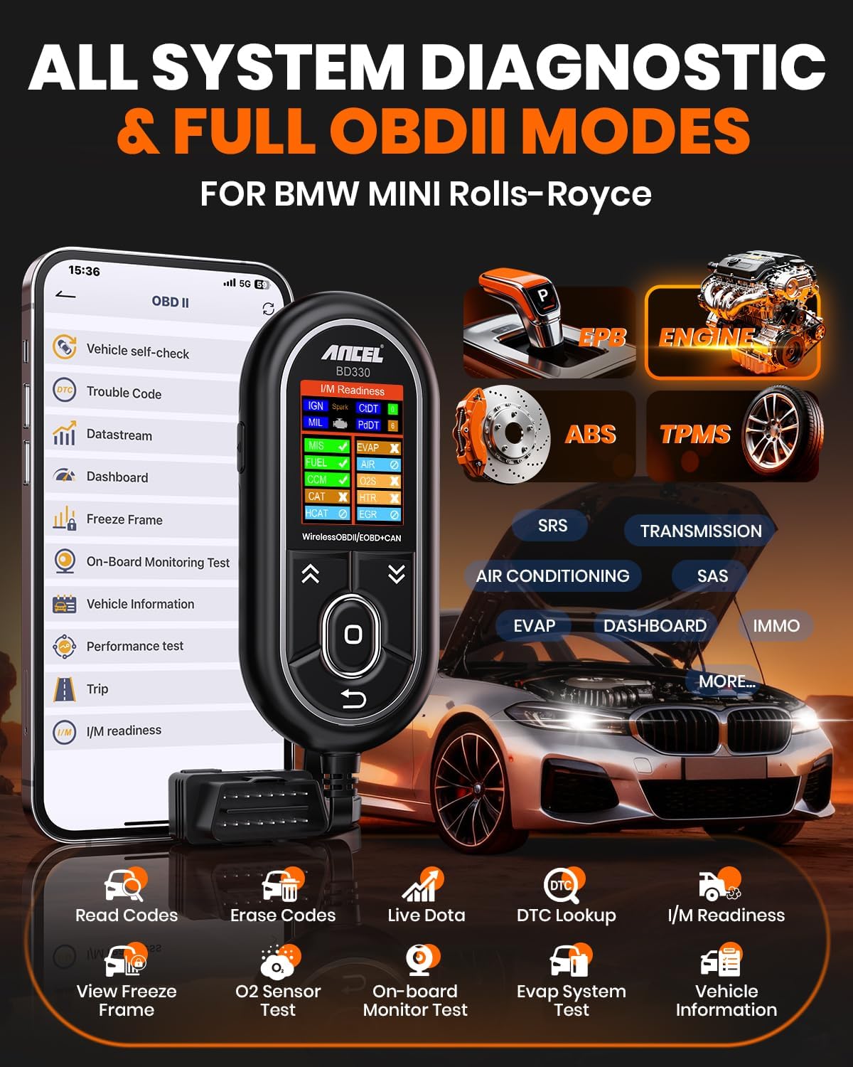 ANCEL BD330 BMW/MINI/Rolls-Royce Scanner (Battery Registration + Resets + OBD2) view 6