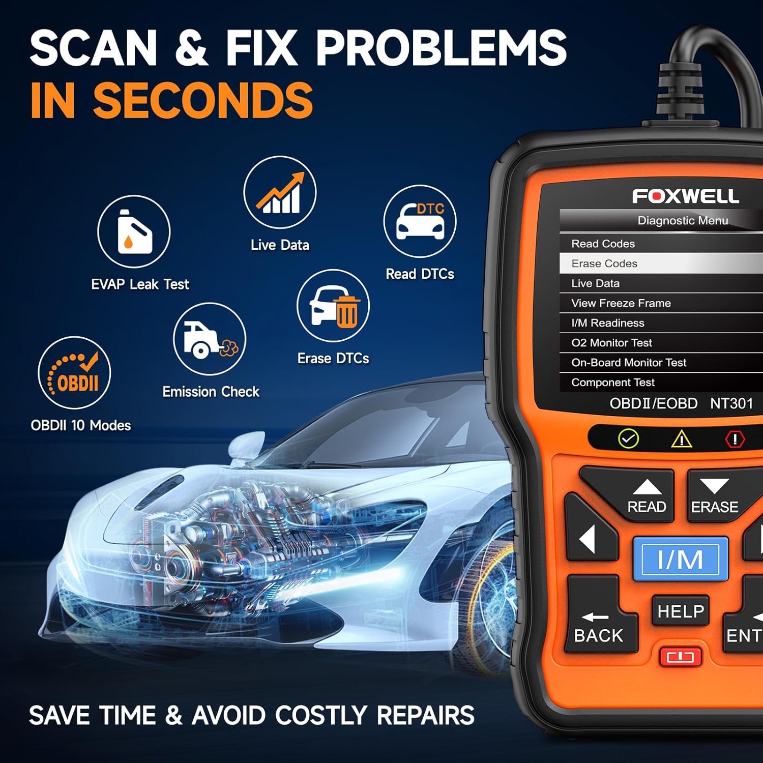 FOXWELL NT301 OBD2 Scanner for Check Engine Light (Live Data + I/M Readiness) view 3